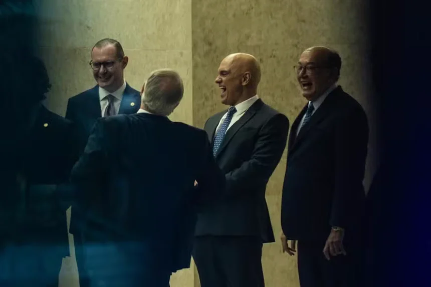 Ministros Cristiano Zanin, Alexandre de Moraes, Gilmar Mendes e Edson Fachin (de costas) durante sessão do STF.